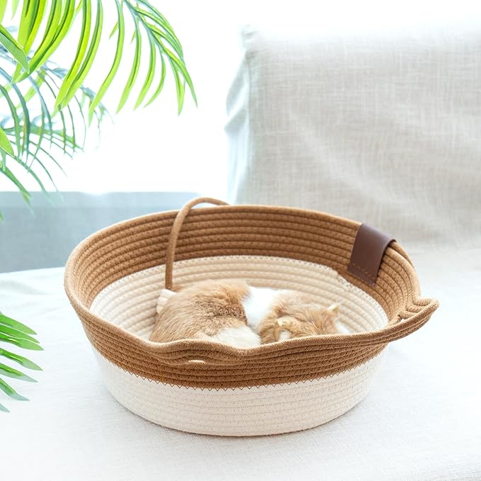 Cotton Rope Handwoven Pet Bed, Round Cat Nest,Pet Sleeping Bed with a Playing Rope Ball, Multifunctional Durable Pet Bed for All Seasons Home Indoor Cats Small Dogs Supplies(Brown & Light Pink ,S)