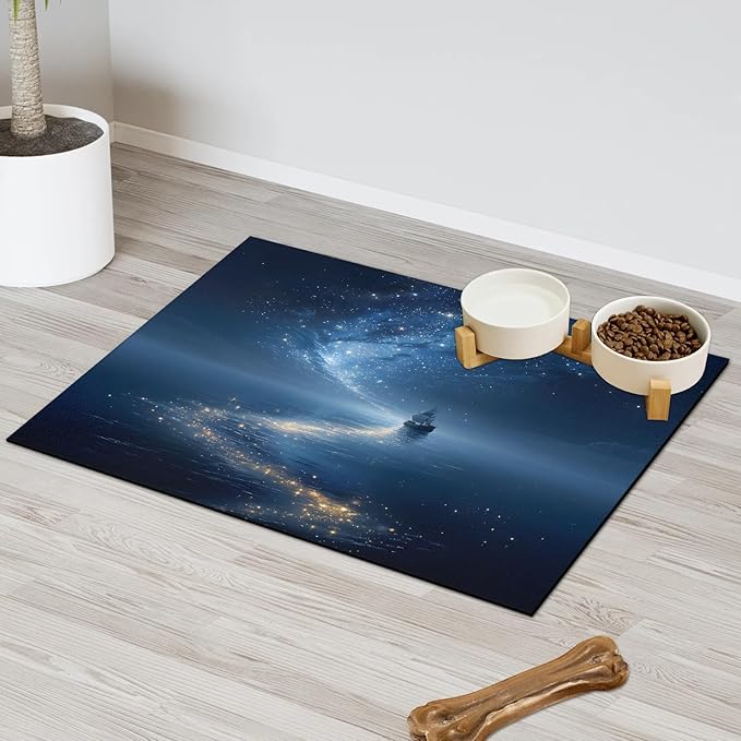 Sea Dog Food Mat for Floors Absorbent, Quick Dry Water Dispenser Mat for Food, Water, Pet Supplies 12" x 20", Night Sky Stars