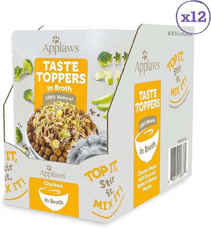 Applaws Taste Toppers, Limited Ingredient Dog Food Topper, Chicken with Broccoli, Apple & Quinoa in Broth (12 x 3oz Pouches)