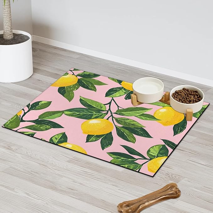 Lemon Fruits Dog Food Mat for Floors Absorbent Dog Bowl Mat for Food and Water Dispenser Quick Dry Cat Food Placemat Pet Supplies 24" x 32", Green Leaves