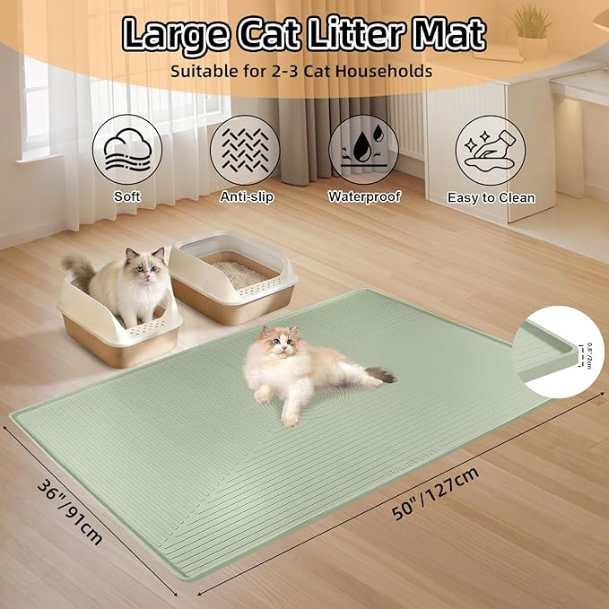 Silicone Cat Litter Mat, 50" x 36" Extra Large Litter Trapping Mat for Litter Box, Leak-Proof, Non-Slip, Kitty Litter Mats with Soft Texture for Floor, Keeping The Floor Clean (Green)