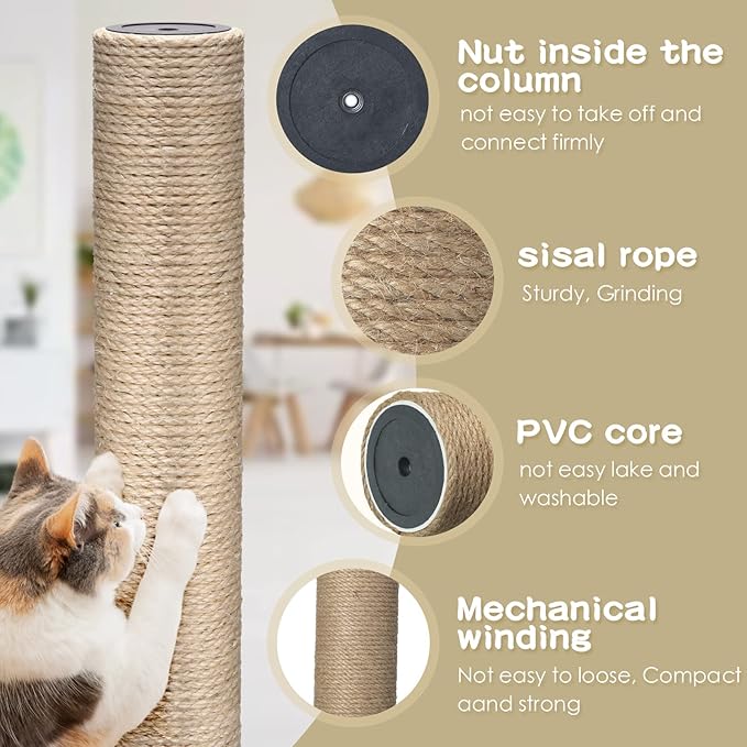6 Pack Cat Scratching Post Replacement, 15.8 x 3.5 Inches Sisal Cat Tree Scratch Post Refill Pole Parts with M8 Screws, Spare Cat Furniture Accessories Scratcher Posts for Kittens Tree Tower