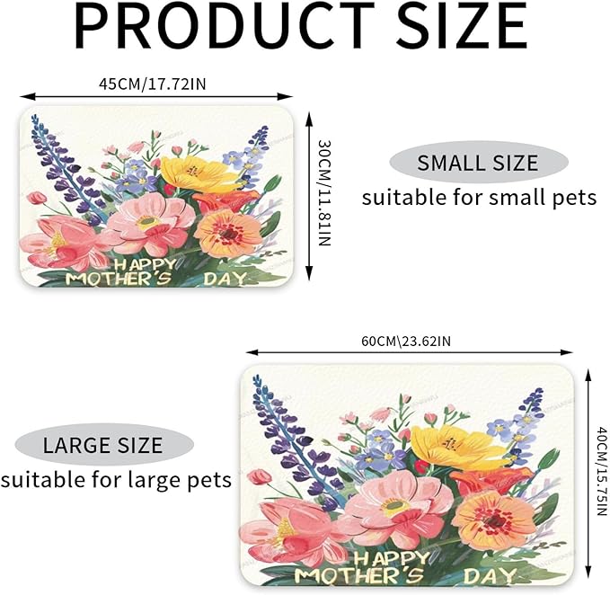 Dog Food Mats for Floors Absorbent Pet Cat Food Mat Happy Mother's Day Floral Gift Mom Lavender Non Slip Dogs Bowl Mats for Water Dog Placemats Feeding Mat Pet Supplies 24x16In