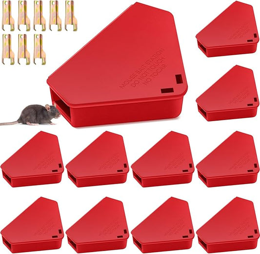 Qualirey Mice Station with Key Triangle Mouse Station Reusable Rodent Trap Box, Keeps Children and Pets Safe Indoor & Outdoor Suitable for Small Mice(Red,12 Pcs)