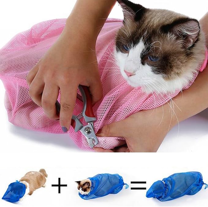XIAOYU Cat Grooming Bag, Adjustable Cat Restraint Bag for Bathing Nail Clipping Cleaning(Head Bag + Body Bag), Blue