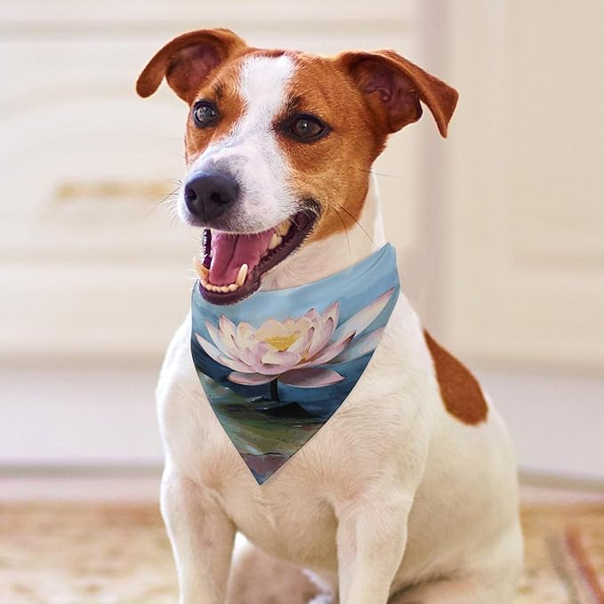 Dog Bandana Spring Pet Scarf Adjustable Triangle Lotus Flower Painting Printing Dog Bib Washable Polyester Puppy Bandana for Small Medium Large Dogs Cat Birthday Party Supplies