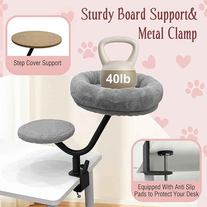 Cat Desk Bed, Desk Cat Bed Attachment for Indoor Cats, 360° Swivel Clamp-on Cats Perch with 40lbs Support, Sturdy Plush Resting Spot for Home Office,Gray