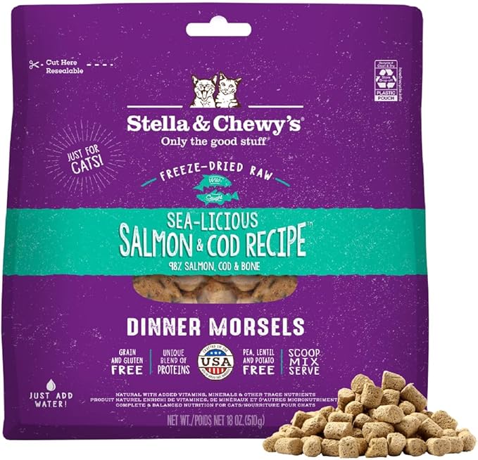 Stella & Chewy's Freeze-Dried Raw Cat Dinner Morsels - Premium Salmon & Cod Recipe with 98% Wild-Caught Fish & Organs - Natural Grain-Free Cat & Kitten Food - Made in USA - 18 oz