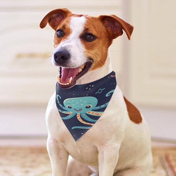Dog Bandana Spring Pet Scarf Adjustable Triangle Cartoon Octopus Printing Dog Bib Washable Polyester Puppy Bandana for Small Medium Large Dogs Cat Birthday Party Supplies