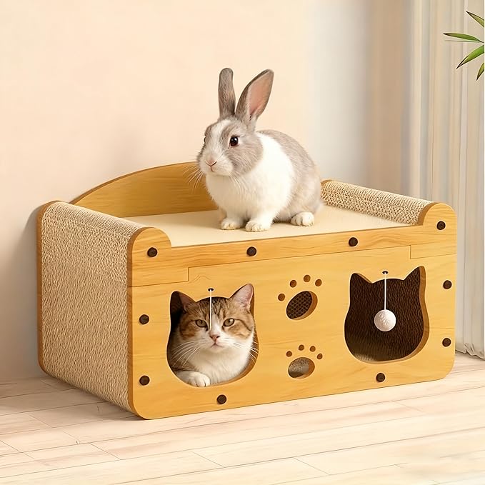 Cat Scratcher House for Indoor Cats, Sturdy MDF Frame 2-in-1 Cat Furniture Lounge Bed & Scratching Post, Large Cardboard Cat Hideaway with Teaser Toy (22.05inch Length Double Doors)