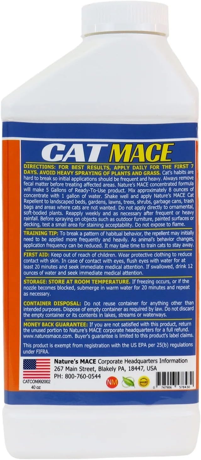 Nature's Mace Cat Mace Cat Repellent, Outdoor & Indoor, All Season Training Tool, Chewing, Digging, Marking, Keep Cats Off of Lawn, Garden, Pee Deterrent, Pets, Plants, 40 oz Spray & Concentrate