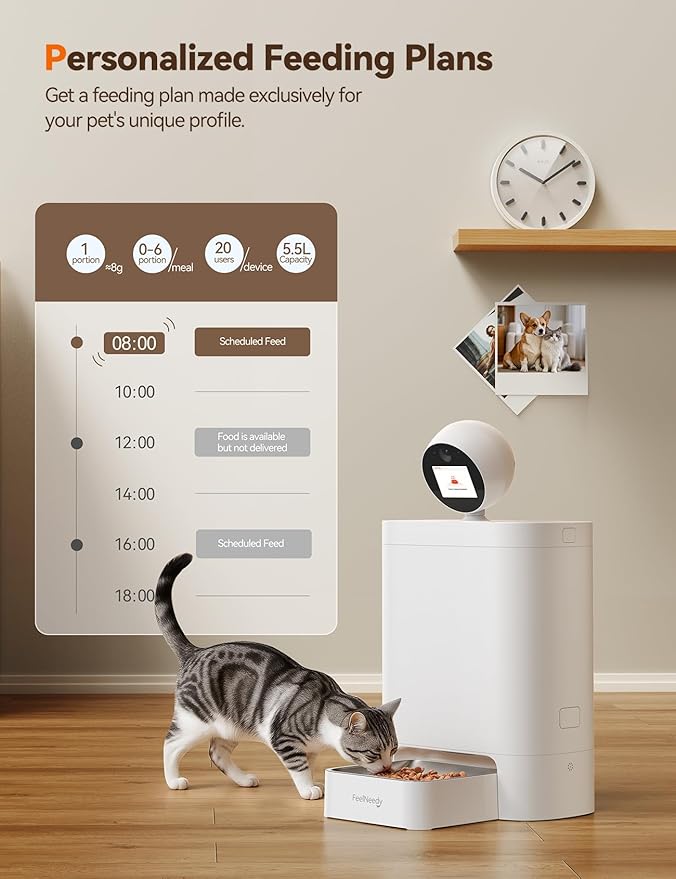 Automatic Cat Feeder with Camera 360° AI-Powered, 2K HD Video with Night Vision & 2-Way Audio, 2.4G/5G Wi-Fi Smart APP Control, Low Food Alert, 5.5L Timed Pet Feeder for Cats/Dogs