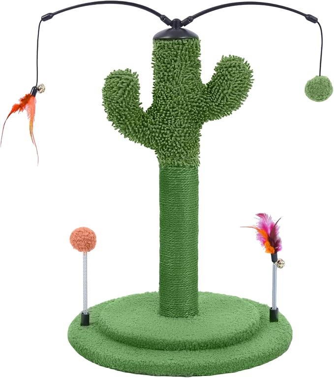 YUNIQUE Cactus Cat Scratching Post with Sisal Rope, Small Cat Tree with Dangling Balls & Feather for Kittens (Green, 20.9'')