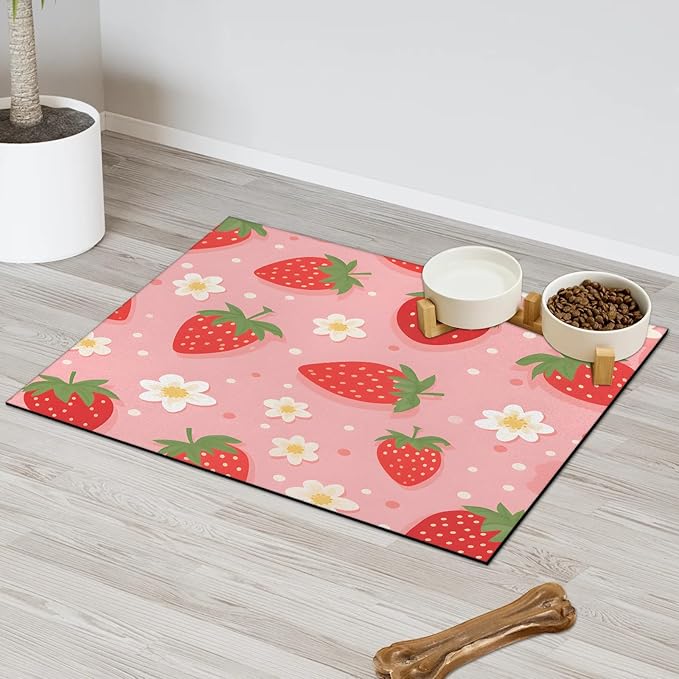 Red Strawberry Dog Food Mat for Floors Absorbent Dog Bowl Mat for Food and Water Dispenser Quick Dry Cat Food Placemat Pet Supplies 24" x 32", Flower
