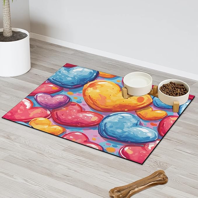 Love Heart Dog Food Mat for Floors Absorbent, Quick Dry Water Dispenser Mat for Food, Water, Pet Supplies 24" x 32", Romantic