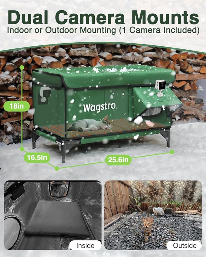 Heated Cat House for Outside with Smart Pet Camera, Highly Elevated with Escape Door, Insulated Waterproof Outdoor Cat House Shelter for Feral Stray Barn Cat (Army Green, 25.6"x16.5"x18.5")