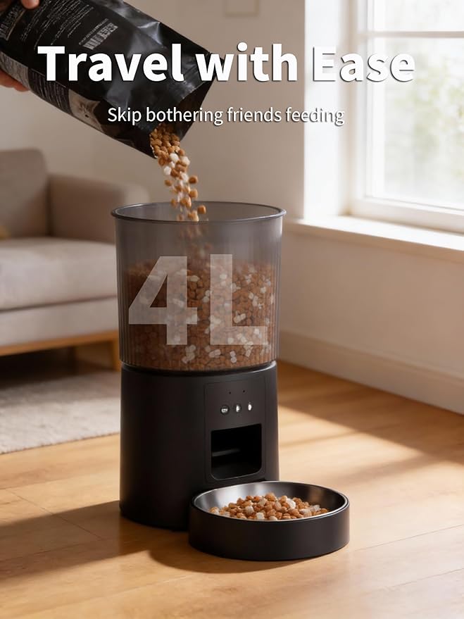 Automatic Cat Feeder, 2.4GHz WiFi Automatic Dog Food Dispenser, Fresh Protection, 4L Timer Feeder, Personalized Recording 10 Seconds, Easy to Clean, Stainless Steel Bowl (Single/Black)