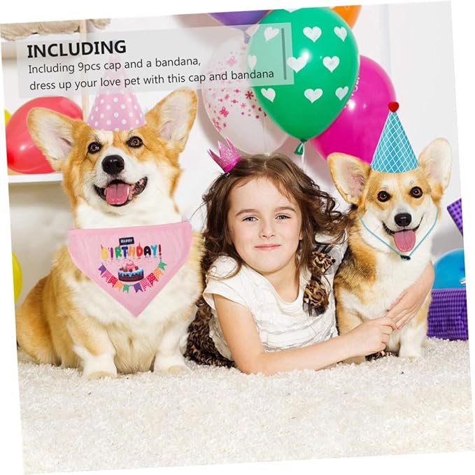 OUNONA Dog Birthday Bandana and Party Hat Set with Bib 10pcs Pet Birthday Supplies Kit for Dogs Adjustable Fabric Hats and Cotton Bib for Celebration Random Color