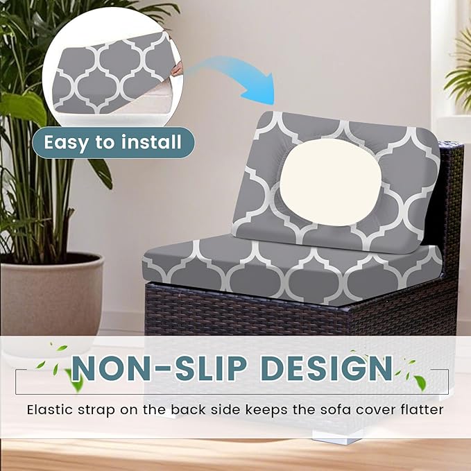 HANDONTIME 8Pcs Patio Cushion Covers Stretch Outdoor Couch Cover Replacement Cushions for Outdoor Furniture Waterproof Patio Furniture Covers for Pets Sofa Cover Washable (Grey Stiped,Cover Only)