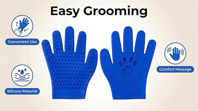 Pet Grooming & Hair Removal Gloves for Dogs & Cats, 2 Pairs Electrostatic Silicone Mitts with Soft Bristles, Enhanced 5-Finger Design for Pet Massage, Deshedding & Coat Care, Easy to Use & Clean(Blue)
