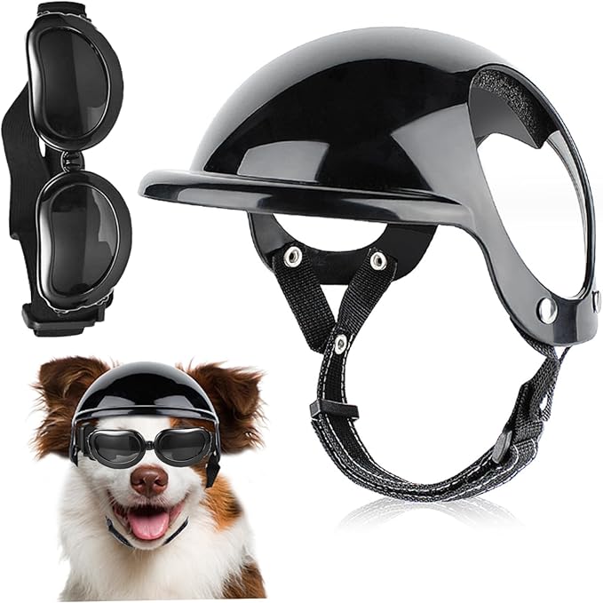 Dog Helmet and Goggles 2Pcs/Set Adjustable Chin Strap Dome Dog Helmet with Ear Hole Windproof Stylish Decorative Goggles Pet Supplies