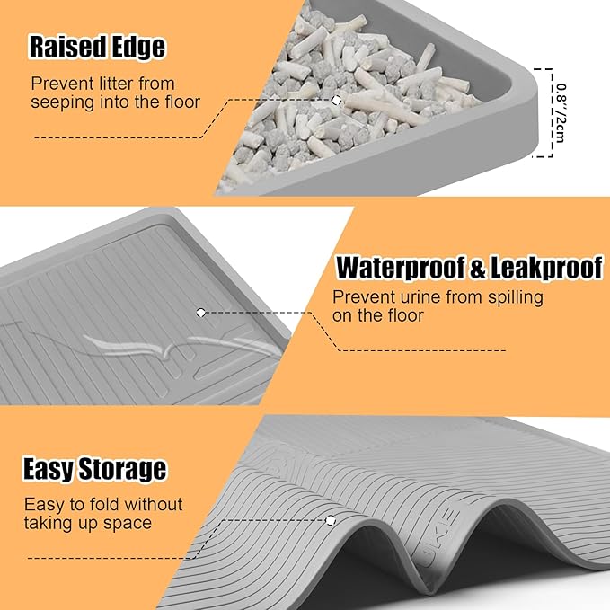 Silicone Cat Litter Mat, 50" x 36" Extra Large Litter Trapping Mat for Litter Box, Leak-Proof, Non-Slip, Kitty Litter Mats with Soft Texture for Floor, Keeping The Floor Clean (Light Grey)