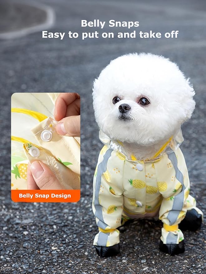 Waterproof Dog Raincoat,Full Coverage 4 Legs Dog Rain Jacket for Small Dogs,Pet Rain Coat with Hood,Reflective Strips&Leash Hole Outdoor Raincoat (X-Small（for Weight 3.3-4.5lb）, Pineapple)