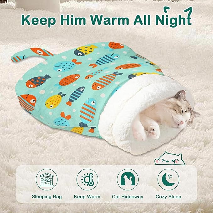 Cozy Cat Sleeping Bag, Cat Sleeping Bag for Indoor Cats, 360°Warm Cat Nap Sleeping Bag, Soft Plush Cat Sack Bed, Large Sleeping Bag for Cats up to 7.5Kg/16Lbs-Green