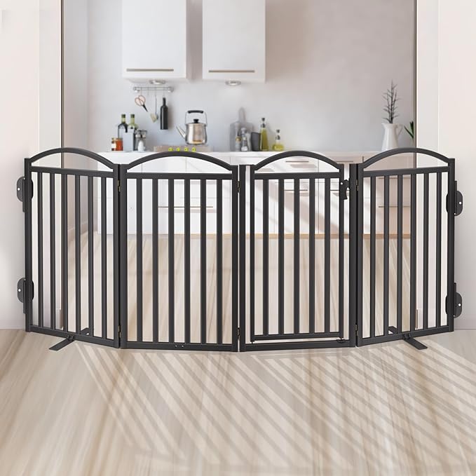 Malier Metal Freestanding Dog Gates with Door, 36'' Height Outdoor Indoor Dog Fences, Extra Wide Foldable Puppy Gate for Stairs (Black, 【4 Panels with Door】 80''W × 36''H)