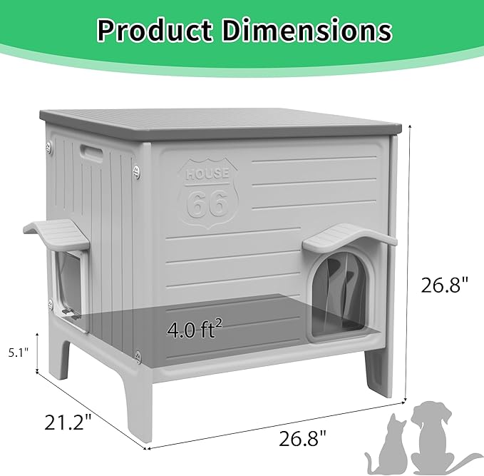 Rockever Insulated Outdoor Cat House, Waterproof Cat House for Outdoor Cats with Escape Door, Plastic Feral Cat House Outdoor Indoor, Spacious and Clean Easily (Grey,L)
