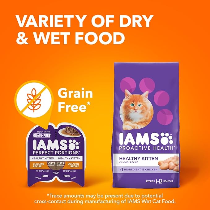 IAMS Perfect Portions Healthy Kitten Grain Free Wet Cat Food Cuts in Gravy,Chicken Recipe,2.6 oz. Easy Peel Twin-Pack Trays (,48 Servings),24 Count (Pack of 2)