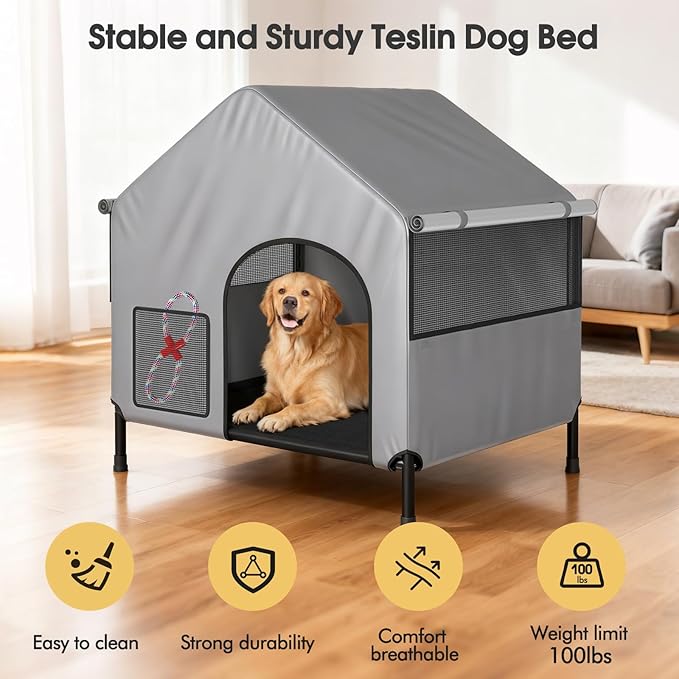Outdoor Dog House for Small Large Dogs, Waterproof & Snowproof 600D Oxford Dog House with Elevated Dogs Bed, Pet Canopy Tent for Doggie, Cats, Small Animals, Grey