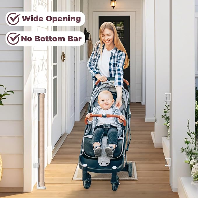 Retractable Baby Gate for Stairs, 55" Wide Mesh Dog Gate Indoor, 34" Tall Child Gate for Doorways, Hallways, Deck, Indoor Outdoor Pet Baby Safety Essentials for Home, Beige