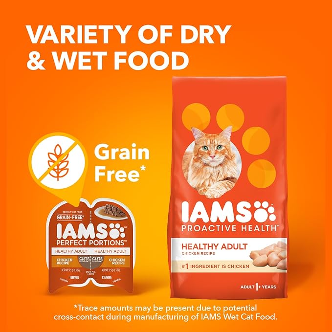 IAMS Perfect Portions Grain Free Wet Cat Food, Healthy Adult Cat Food Wet, Chicken Recipe Cuts in Gravy, (24) 2.6 oz. Twin-Pack Trays
