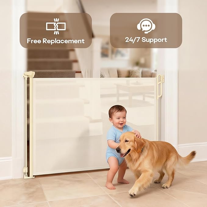 Retractable Safety Baby Gate or Mesh Dog Gate,Durable Portable Mesh Retractable Gate,Easy to Use for Stairs, Doorways, Hallways, Indoor, Outdoor, 33.5" Tall, Up to 45" Wide, Cream