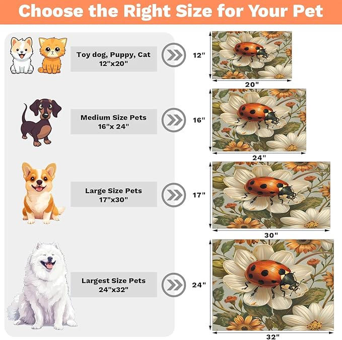 Ladybird Dog Food Mat for Floors Absorbent, Quick Dry Water Dispenser Mat for Food, Water, Pet Supplies 24" x 32", Daisy Flower