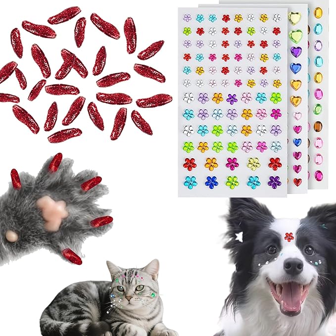 100 pcs Pet Hair Grooming Accessories Gem Stickers with Pet Self Adhesive Gems Rhinestones & 40 pcs Cat Nail Caps, Cat Claw Covers with Adhesives and Applicators for Birthday Party