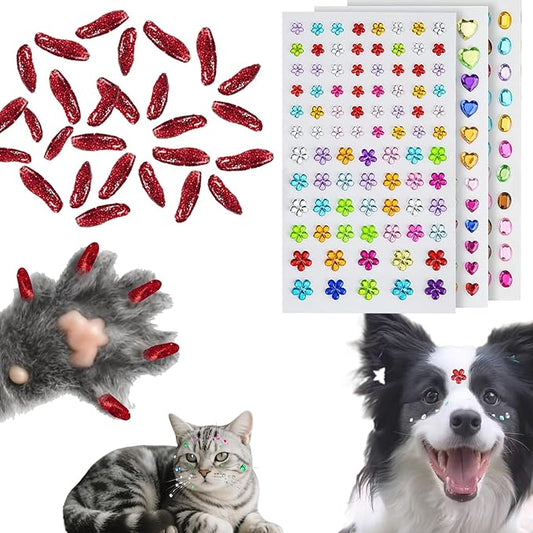 100 pcs Pet Hair Grooming Accessories Gem Stickers with Pet Self Adhesive Gems Rhinestones & 40 pcs Cat Nail Caps, Cat Claw Covers with Adhesives and Applicators for Birthday Party