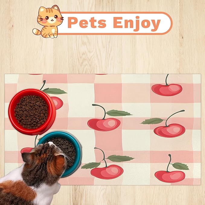 Cherry Fruit Dog Food Mat for Floors Absorbent Dog Bowl Mat for Food and Water Dispenser Quick Dry Cat Food Placemat Pet Supplies 12" x 20", Buffalo Check