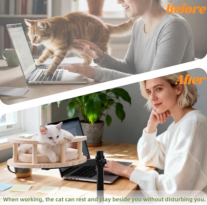 BYBYME Cat Desk Bed for Indoor Cats with Adjustable Height & 360° Rotation, Wooden Desk Kitty Nest for or Office Desks Home Tables, Wooden Desktop Kitten Furniture, 14" in Diameter (Light Oak)
