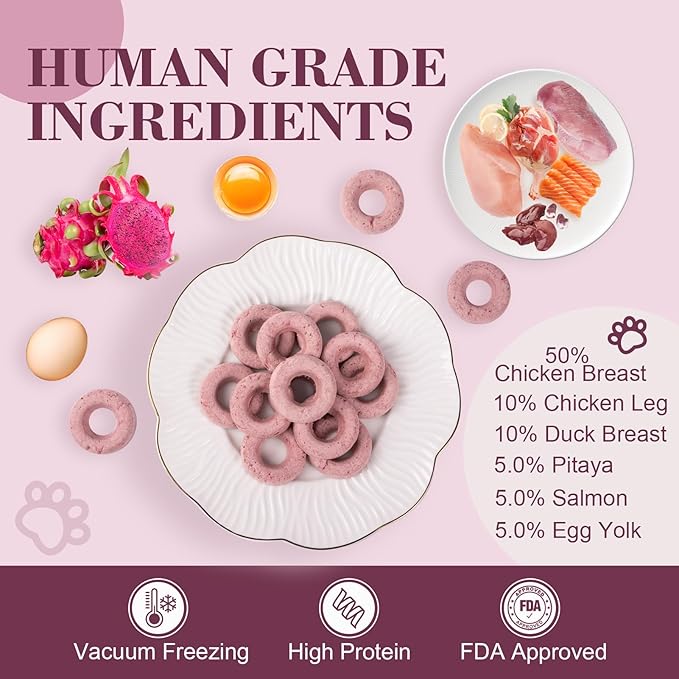 Dylan's cabin Freeze Dried Chicken Cat & Dog Treats - High Protein Dragon Fruit Doughnut with Slamon & Duck Meat Training Kitten Puppy Snack for Coat Gut Healthy, 22pcs