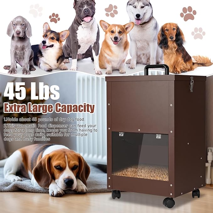 Automatic Dog Feeder Large Breed 45 Pounds, Galvanized Metal Dog Food Gravity Feeder Extra Large Automatic Pet Feeder, Easy to Move with Wheels