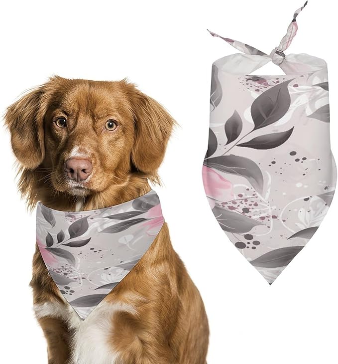 Dog Bandana Spring Pet Scarf Adjustable Triangle Pink Flowers and Leaves on Gray Printing Dog Bib Washable Polyester Puppy Bandana for Small Medium Large Dogs Cat Birthday Party Supplies