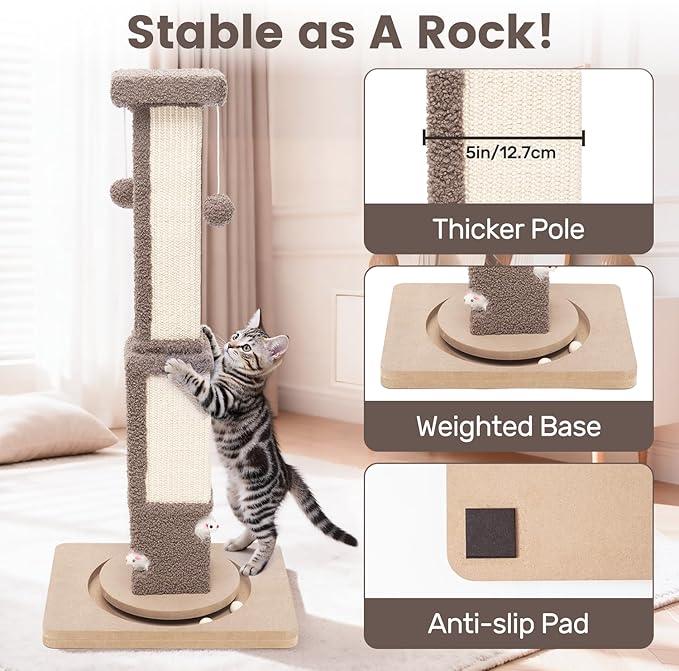 33.7" Tall Large Cat Scratching Post, Indoor Kitten Vertical Sisal Rope Scratcher with Modern Square Thick Pole and Toy Mouse, Space Saving Heavy Duty Stable Base with Interactive Ball Track