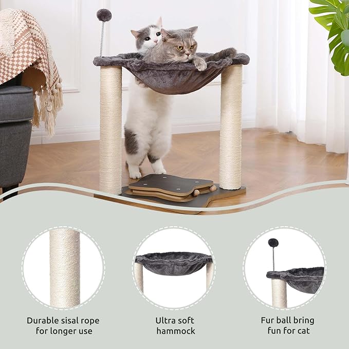 FluffyDream Cat Scratching Post for Indoor Cats, Small Cat Tree Tower with Hammock,Wooden Interactive Ball Track for Kitten and Adult Cats,18inches (Grey)