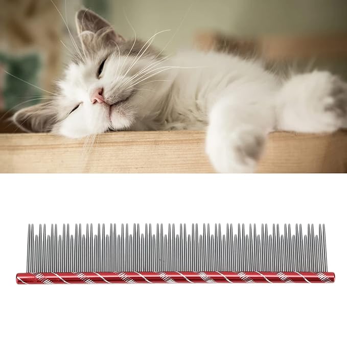 Pet Hair Removal Comb, Stainless Steel Cat Grooming Tool with Dual - Density Teeth, Open Knot Comb for Long and Short Haired Cats, Ergonomic Non - Slip Handle (Red)