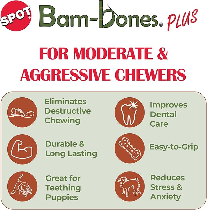 SPOT Bam-Bones Plus Branch -Bamboo Fiber & Nylon, Durable Long Lasting Dog Chew for Aggressive Chewers – Great Toy for Adult Dogs & Teething Puppies Under 60lbs, Non-Splintering, 5.75in, Beef Flavor