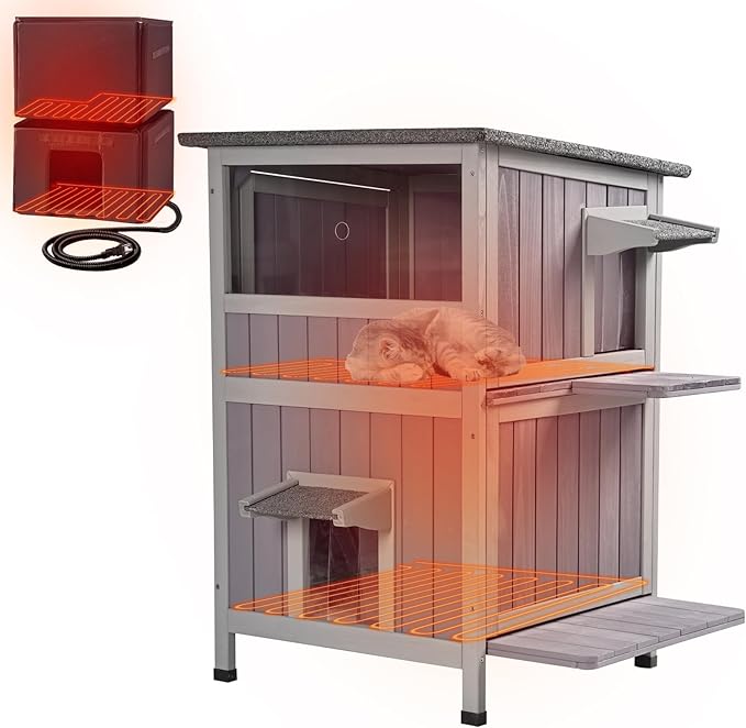 Gutinneen Heated Outdoor Cat House with Heating Pad & Insulated Liner Feral Kitty Shelter Ourdoor & Indoor Cat Cage with Waterproof Roof, 2 Large Side Doors