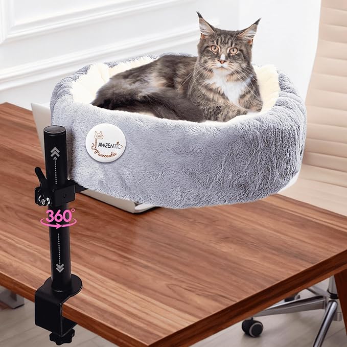 19" Extra Large Cat Desk Bed,One-Button Easy Lift & Rotate,Extra Thick Cushion,Reversible Two-Tone,Super Soft Plush Faux Fur Pet Bed,Machine Washable Bed,desk bed for large cats(Light Grey Duo)
