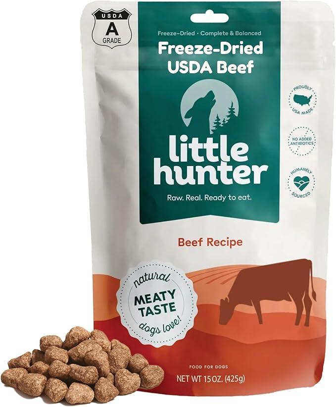 Little Hunter- All Natural Freeze Dried Raw Fresh Dog Food (Beef) | Small & Large Breeds Topper & Meals | High Protein + Organic Fruits & Veggies Veterinarian Made Small Batch USDA Certified raw Beef